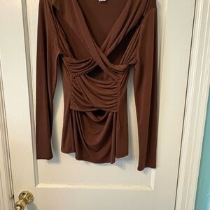 VENUS Brown Draped Wrap-Style Long Sleeve Top